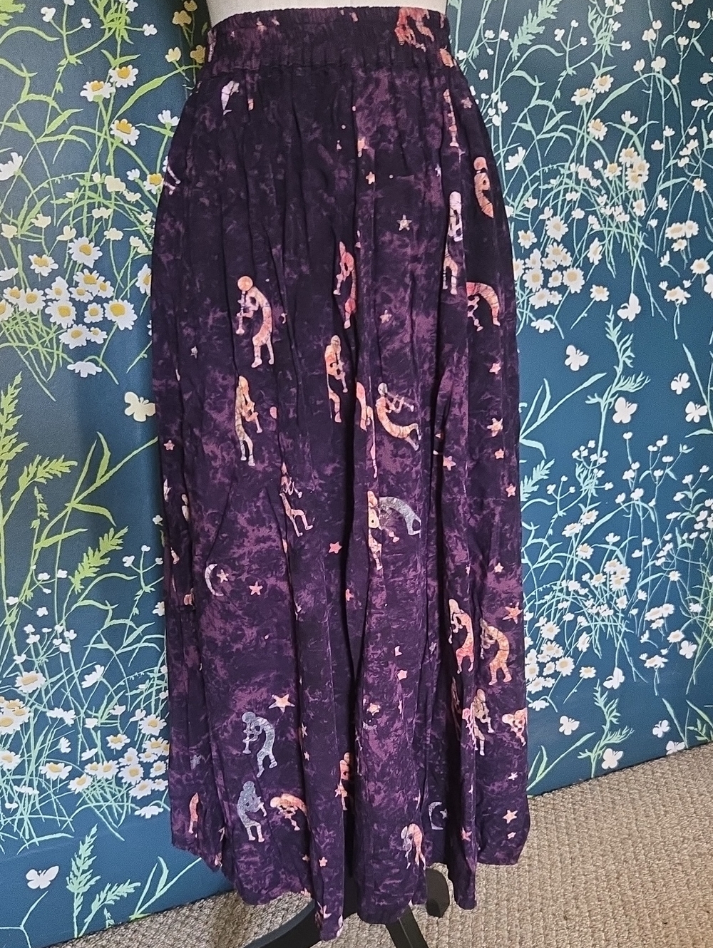 Vtg Batik Purple Celestial Print Maxi Skirt